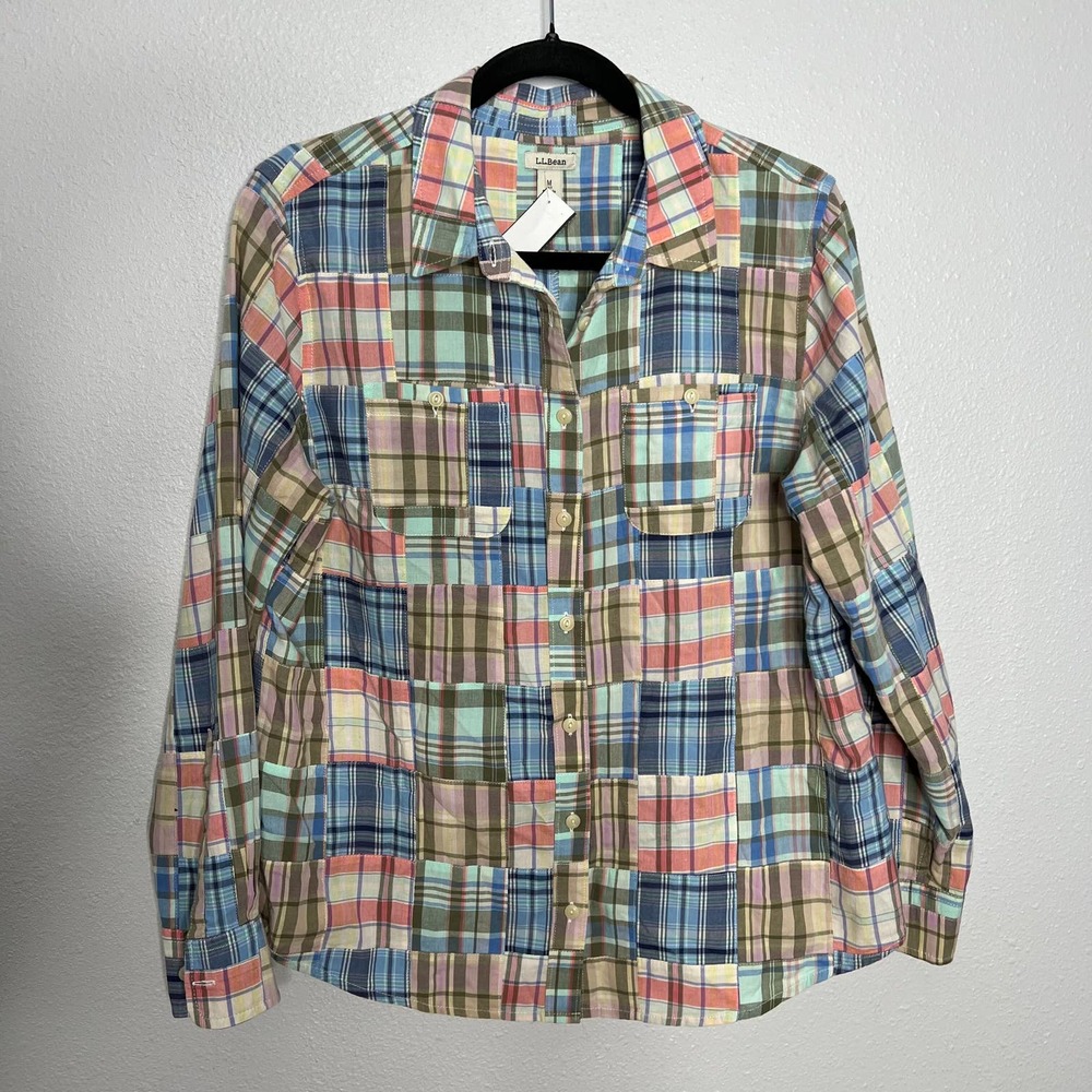 LL Bean Madras Shirt Multi Plaid Button Up Patchwork Roll Tab Sleeves Sz MP